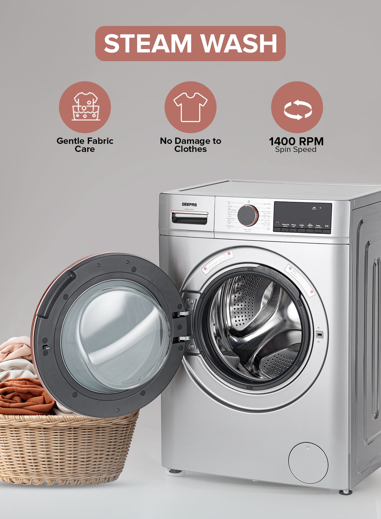 Geepas GWMF8140SRG Front Load Washing Machine | 8Kg Large Capacity| 1400 RPM Spin Speed| Steam Wash Function| BLDC Inverter Motor| LED Display | 10-Year Motor Warranty