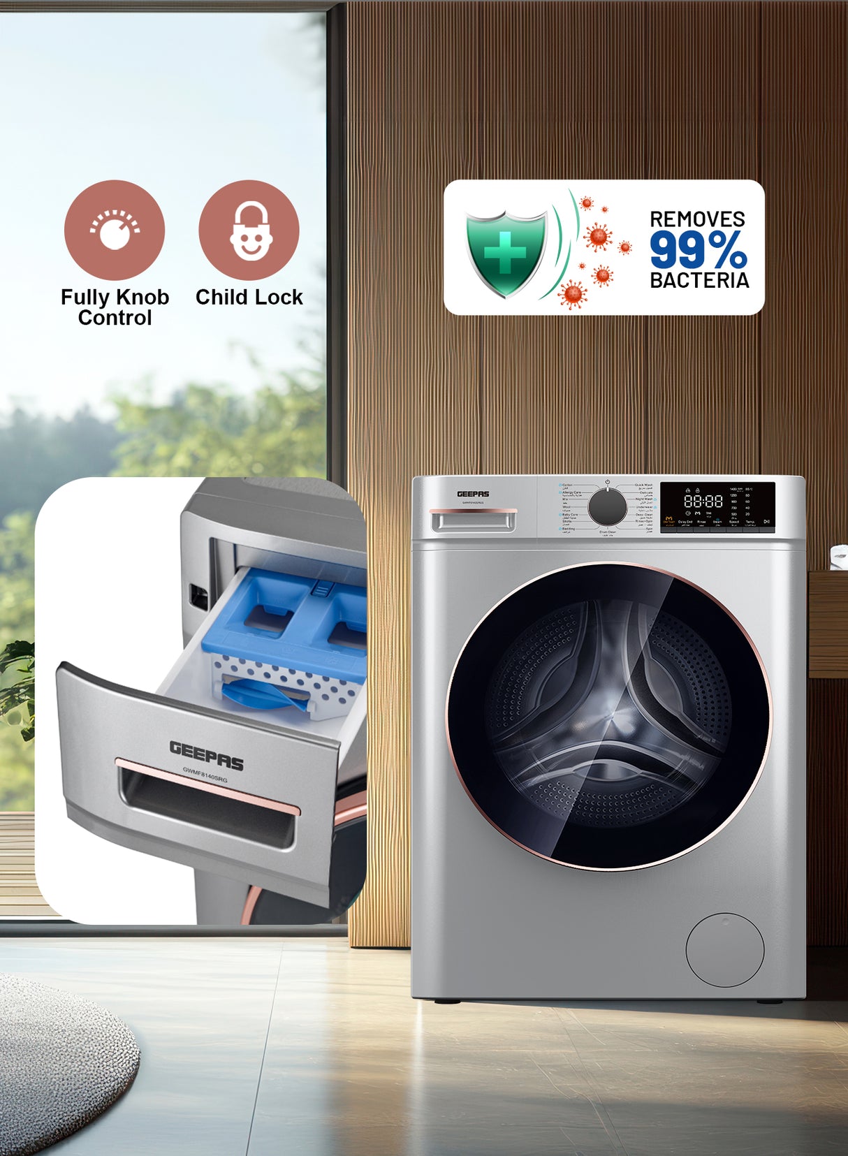 Geepas Front Load Washing Machine- GWMF8140SRG/ Fully Automatic/ LED Display, 8 kg Capacity and 54 L Drum Capacity/ Metallic Grey, 1 Year Warranty