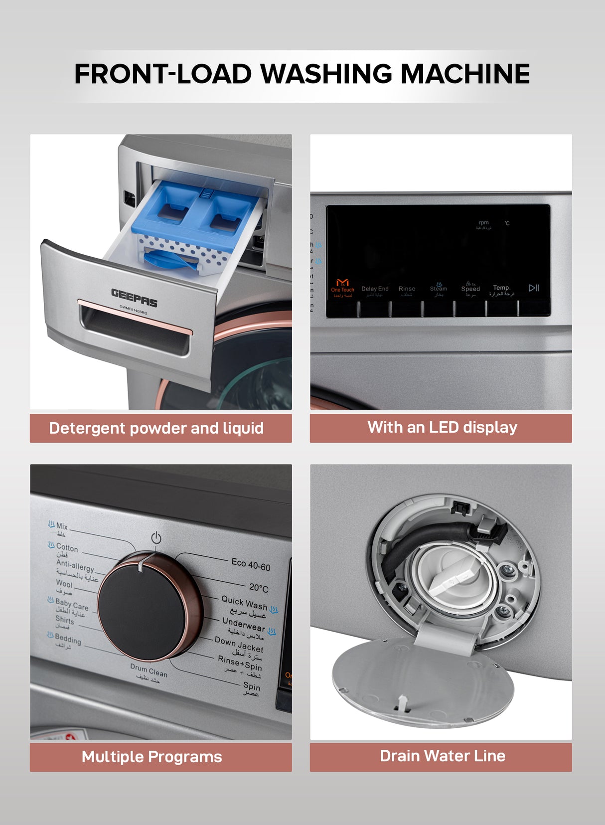 Geepas GWMF8140SRG Front Load Washing Machine | 8Kg Large Capacity| 1400 RPM Spin Speed| Steam Wash Function| BLDC Inverter Motor| LED Display | 10-Year Motor Warranty