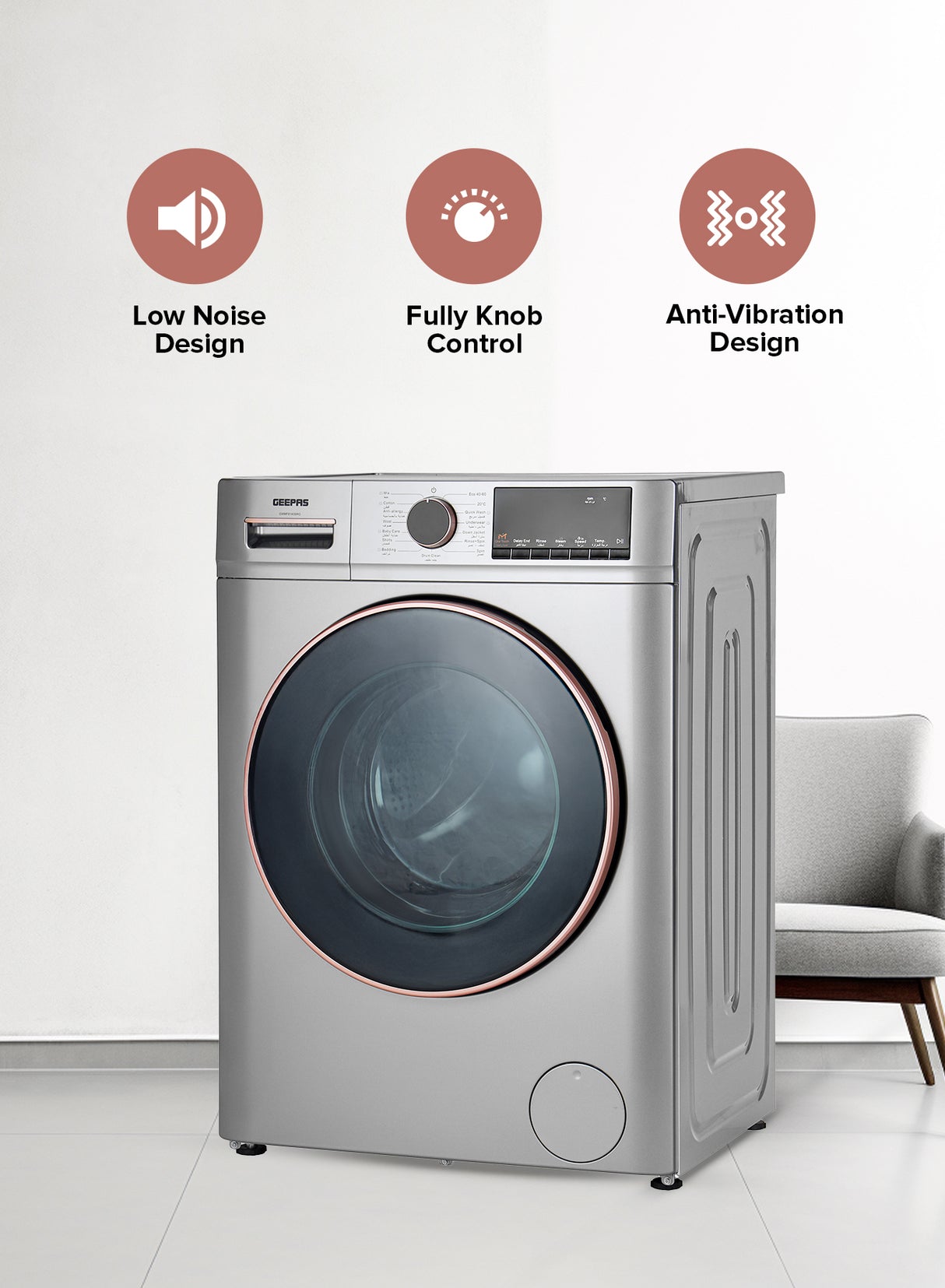 Geepas GWMF8140SRG Front Load Washing Machine | 8Kg Large Capacity| 1400 RPM Spin Speed| Steam Wash Function| BLDC Inverter Motor| LED Display | 10-Year Motor Warranty