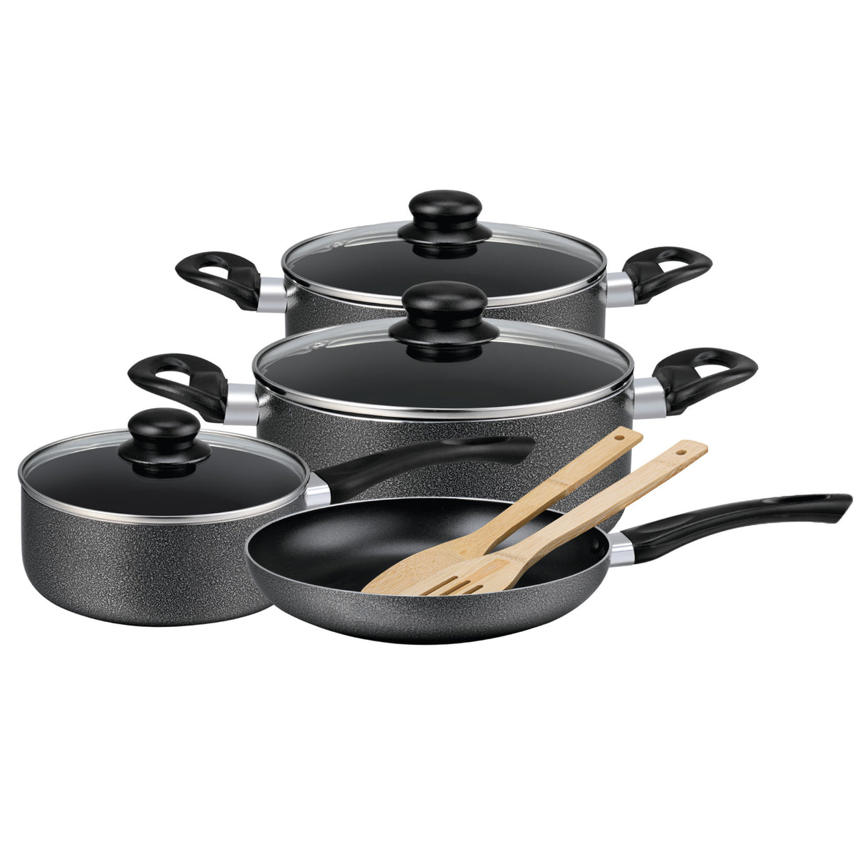 Royalford 9-Piece Non-Stick Cookware Set- RF11642| Aluminum Body With 3-Layer Construction, Includes Casserole, Saucepan, Fry Pan, Bamboo Kitchen Tools