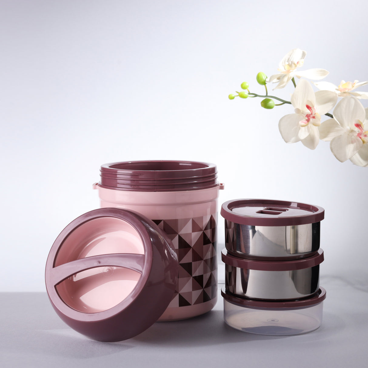 Royalford 800 ML Wonder Meal Lunch Box With 3 Containers- RF11694| Round Boxes With Stainless Steel Inner And Super PU Insulation| Premium-Quality