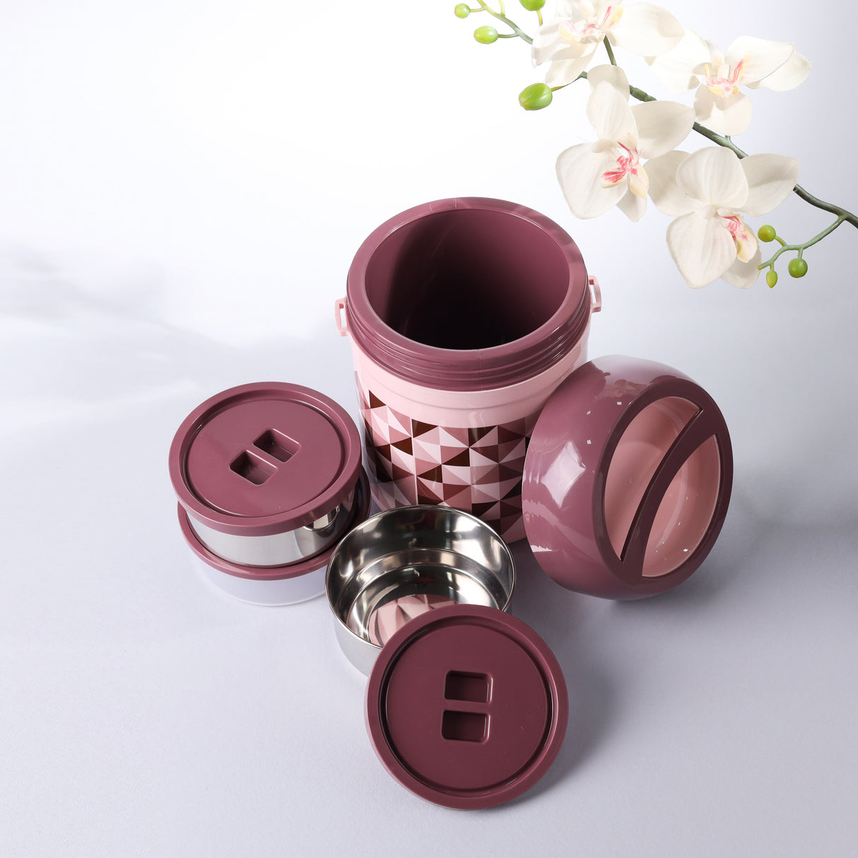 Royalford 800 ML Wonder Meal Lunch Box With 3 Containers- RF11694| Round Boxes With Stainless Steel Inner And Super PU Insulation| Premium-Quality