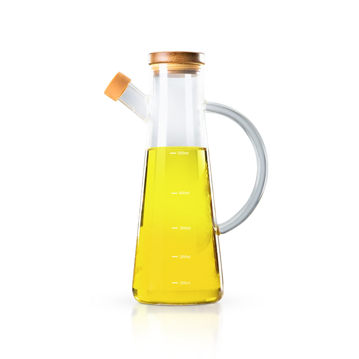 Royalford 600 ML Glass Oil Bottle- RF11930| Transparent Oil Dispenser, Perfect for Dispensing Oil, Vinegar, Olive Oil, Spices, Etc.| With Handle, Wooden Lid and Pouring Spout| Clear