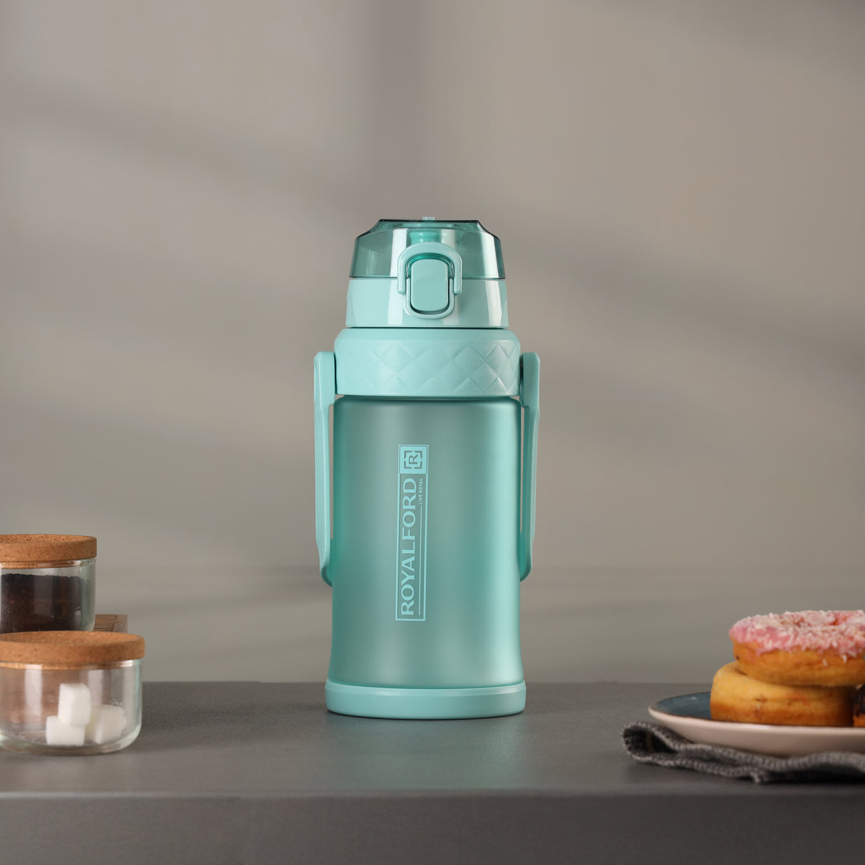 Royalford 1500 ml Water Bottle- RF12163/ Plastic Bottles with Flip Lid, Silicone Sipper and Straw, Strap, with Carry Handle/ Perfect for School, Office and Gym