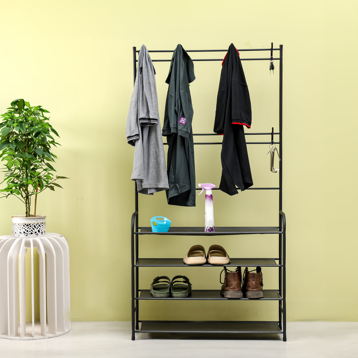 Royalford Cloth Hanger with Shoe Rack- RF12423/ with Hooks and Layers, Large Storage/ Powder Coated Iron Construction, Perfect for Hanging Clothes, Black