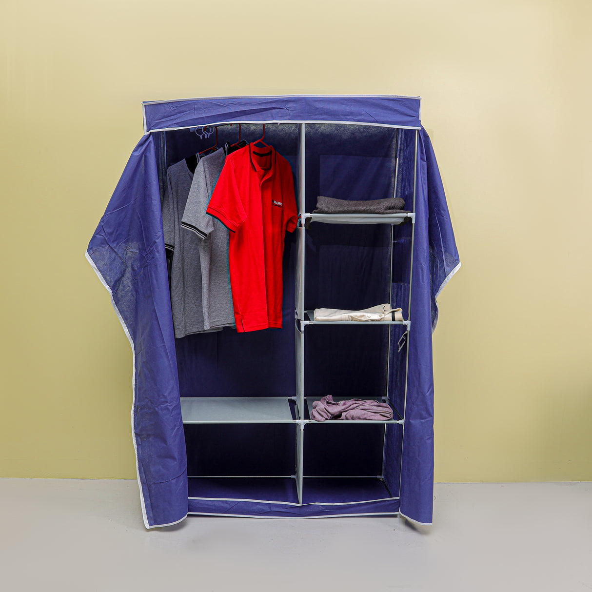 Royalford Wardrobe with Racks- RF12428/ Fabric Cabinet with Zipper Closure, Strong Metal Rods, Easy to Assemble/ Multi-Purpose Storage for Clothes, Shirt, Dress, etc