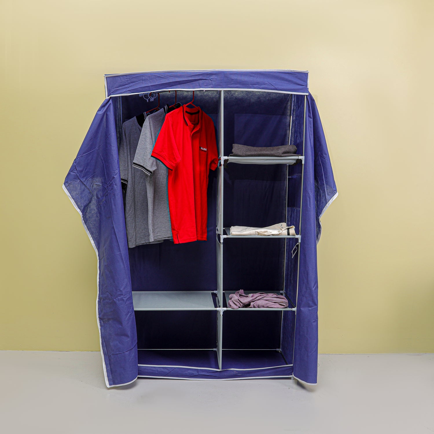 Royalford Wardrobe with Racks- RF12428/ Fabric Cabinet with Zipper Closure, Strong Metal Rods, Easy to Assemble/ Multi-Purpose Storage for Clothes, Shirt, Dress, etc