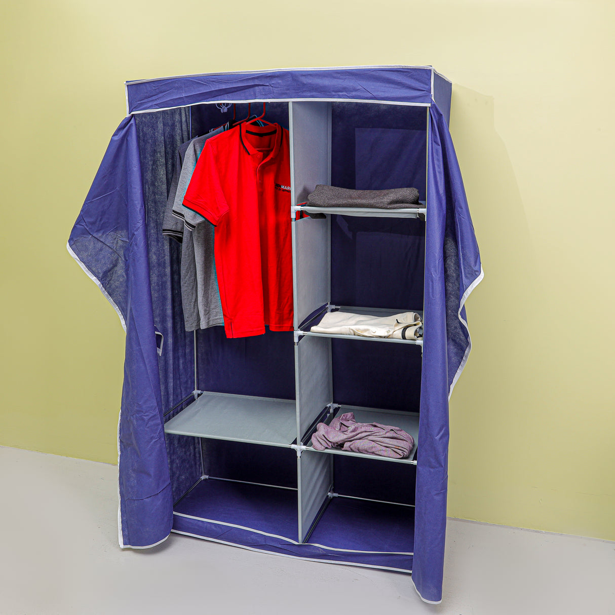 Royalford Wardrobe with Racks- RF12428/ Fabric Cabinet with Zipper Closure, Strong Metal Rods, Easy to Assemble/ Multi-Purpose Storage for Clothes, Shirt, Dress, etc