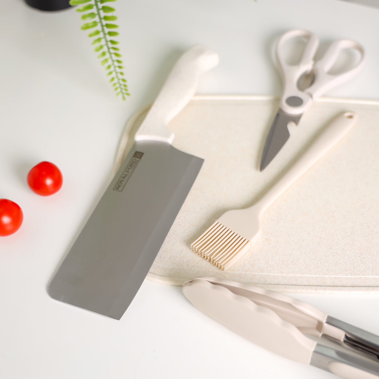 Royalford 6-Piece Kitchen Tools Set with Cutting Board- RF12471/ Pack of 6, Includes Paring, Chef, Cleaver Knife, Chopping Boards, Silicone Food Tong, Oil Brush