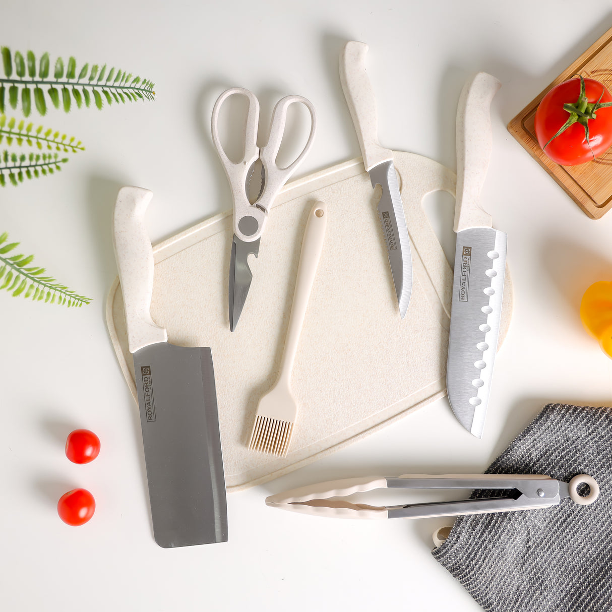 Royalford 6-Piece Kitchen Tools Set with Cutting Board- RF12471/ Pack of 6, Includes Paring, Chef, Cleaver Knife, Chopping Boards, Silicone Food Tong, Oil Brush