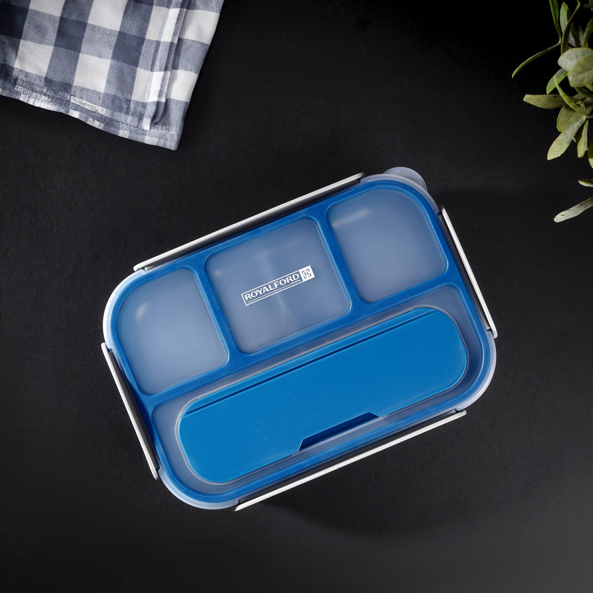 Royalford 1000 ml Lunch Box with Cutlery- RF12595/ Rectangle Tiffin with Transparent Lid, Spoon and 4 Compartments/ Plastic, for Kids and Adults for Schools and Offices