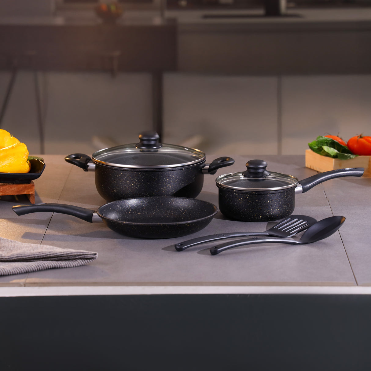 Royalford Elite 7-Piece Forged Aluminum Cookware Set- RF12622/ Durable Nonstick Granite Coating with 5-Layer Construction, Includes Casserole, Saucepan, Fry Pan