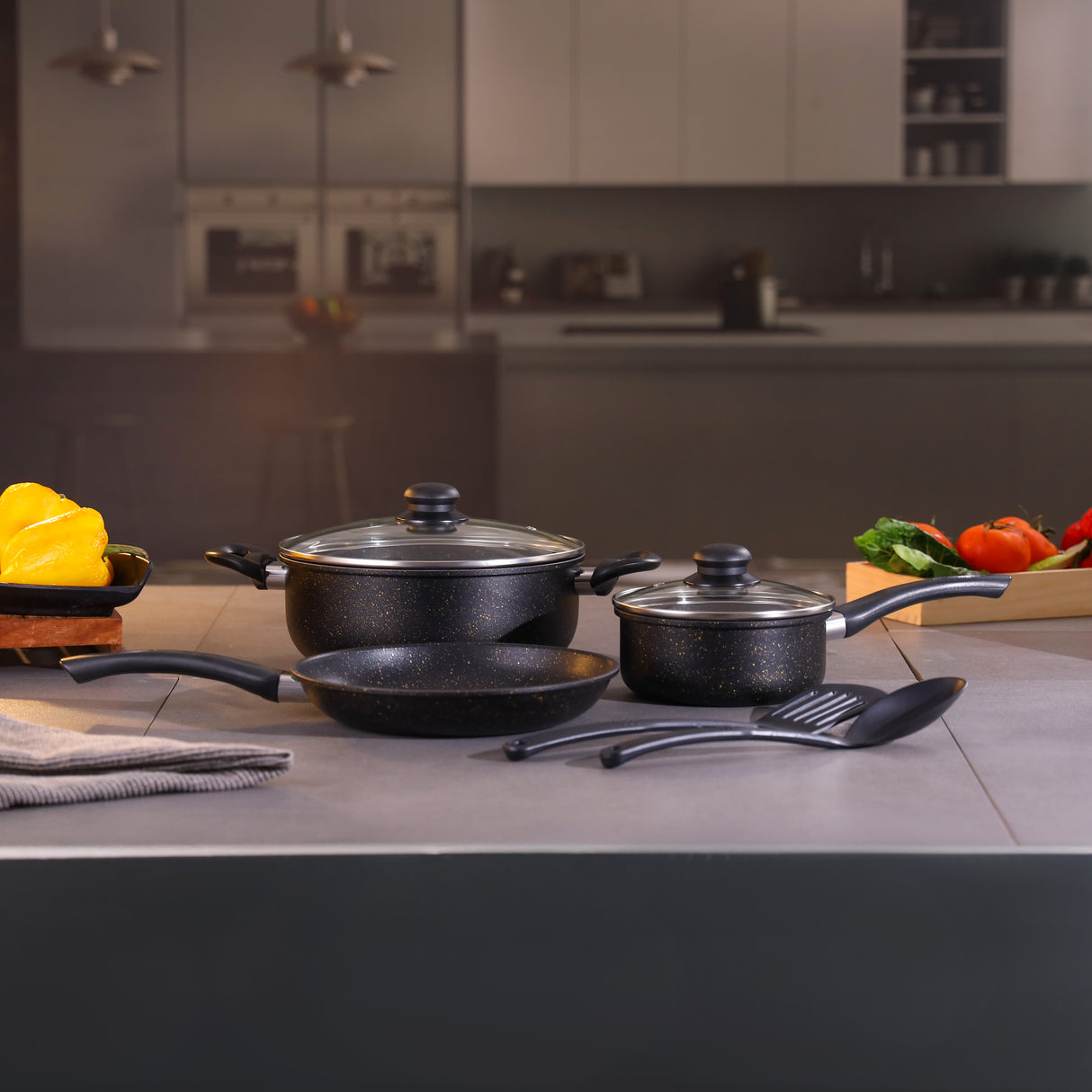 Royalford Elite 7-Piece Forged Aluminum Cookware Set- RF12622/ Durable Nonstick Granite Coating with 5-Layer Construction, Includes Casserole, Saucepan, Fry Pan