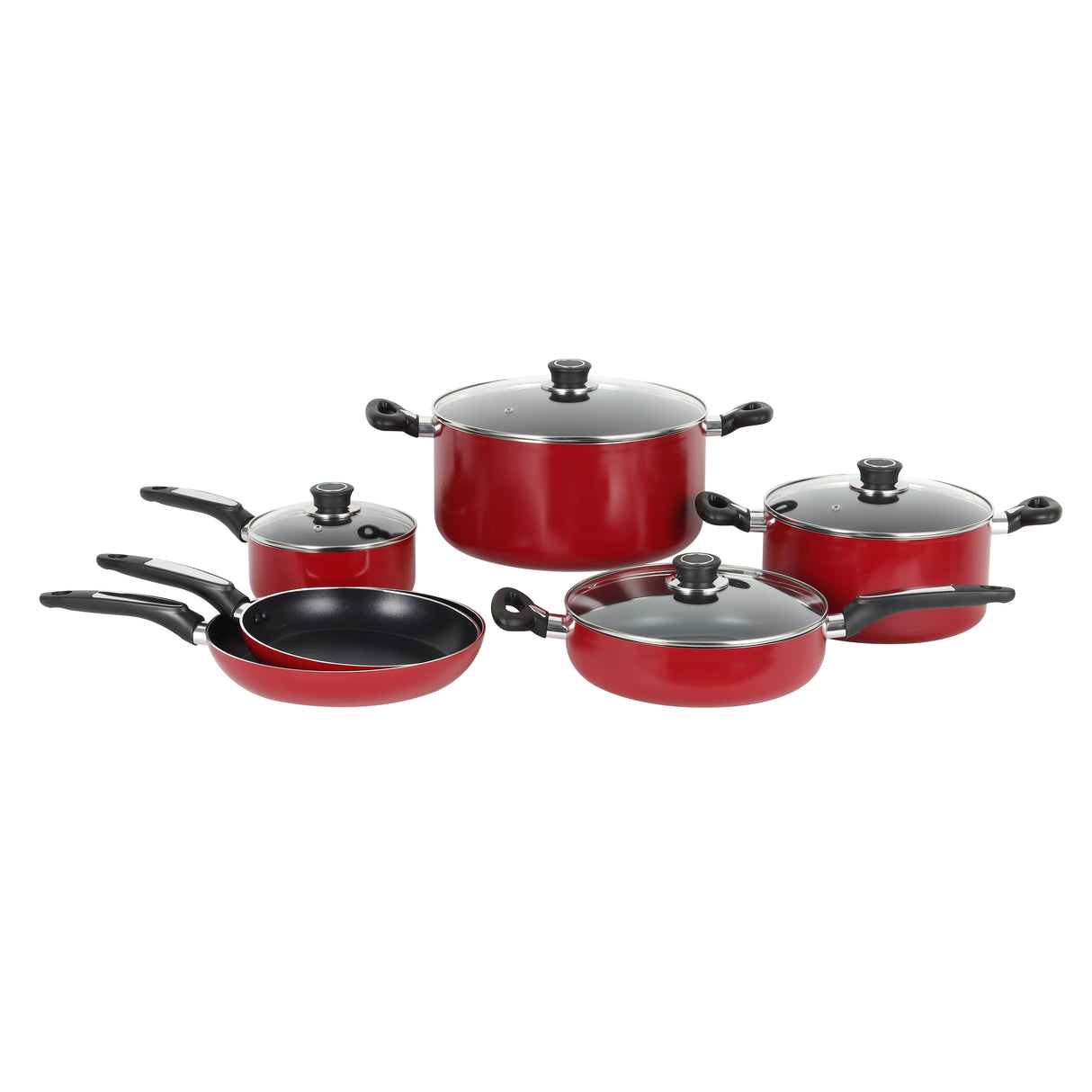 Royalford 10 Pcs Aluminum Non-Stick Cookware Set RF8500- Portable Cool Touch Handle Heat Resistant Handles Scratch Resistant, Tempered Glass Lids, Bakelite Knobs