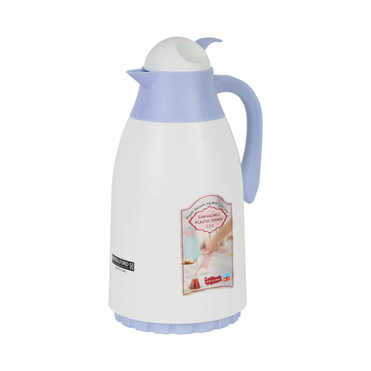 Royalford RF8556BL 1.3L Glass Vacuum Flask-Turkey/Blue - Durable & Portable| Leak-proof & Vacuum Insulation| Ideal for tea, coffee, juices, milkshakes, smoothies