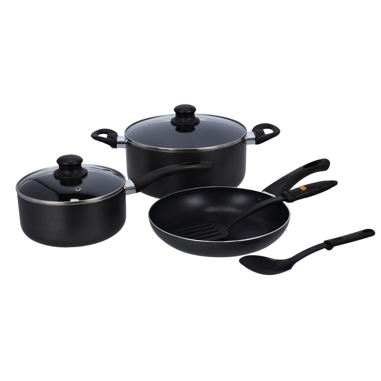 Royalford Aluminum 7 pieces cookware set RF8948 with non-stick coating and stainless steel Frames, Sauce pan, fry pan, casserole set, and 2 nylon tools included