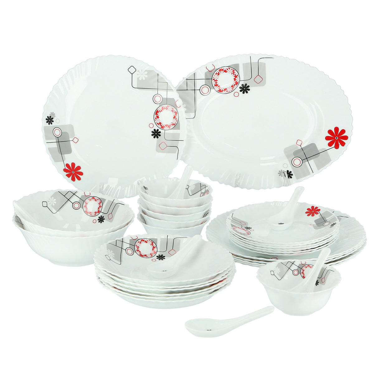 Royalford 33Pcs Opal Ware Dinner Set - Floral Design Plates, Bowls, Spoons | Comfortable Handling | Perfect for Family Everyday Use, & Family Get- Together, Restaurant, Banquet & More (Red & Green)