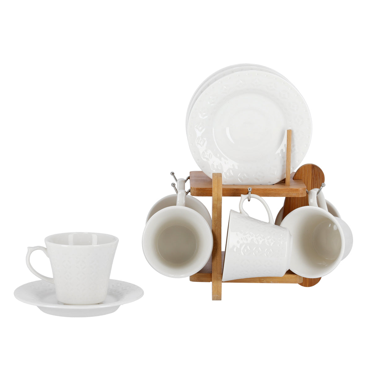 Royalford RF9242 12PCS Porcelain Cup & Saucer Set with Wooden Stand - Ideal for Daily Use - Non-Toxic, Ecologically Tasteless, Smooth Surface, Comfortable Grip and Lightweight