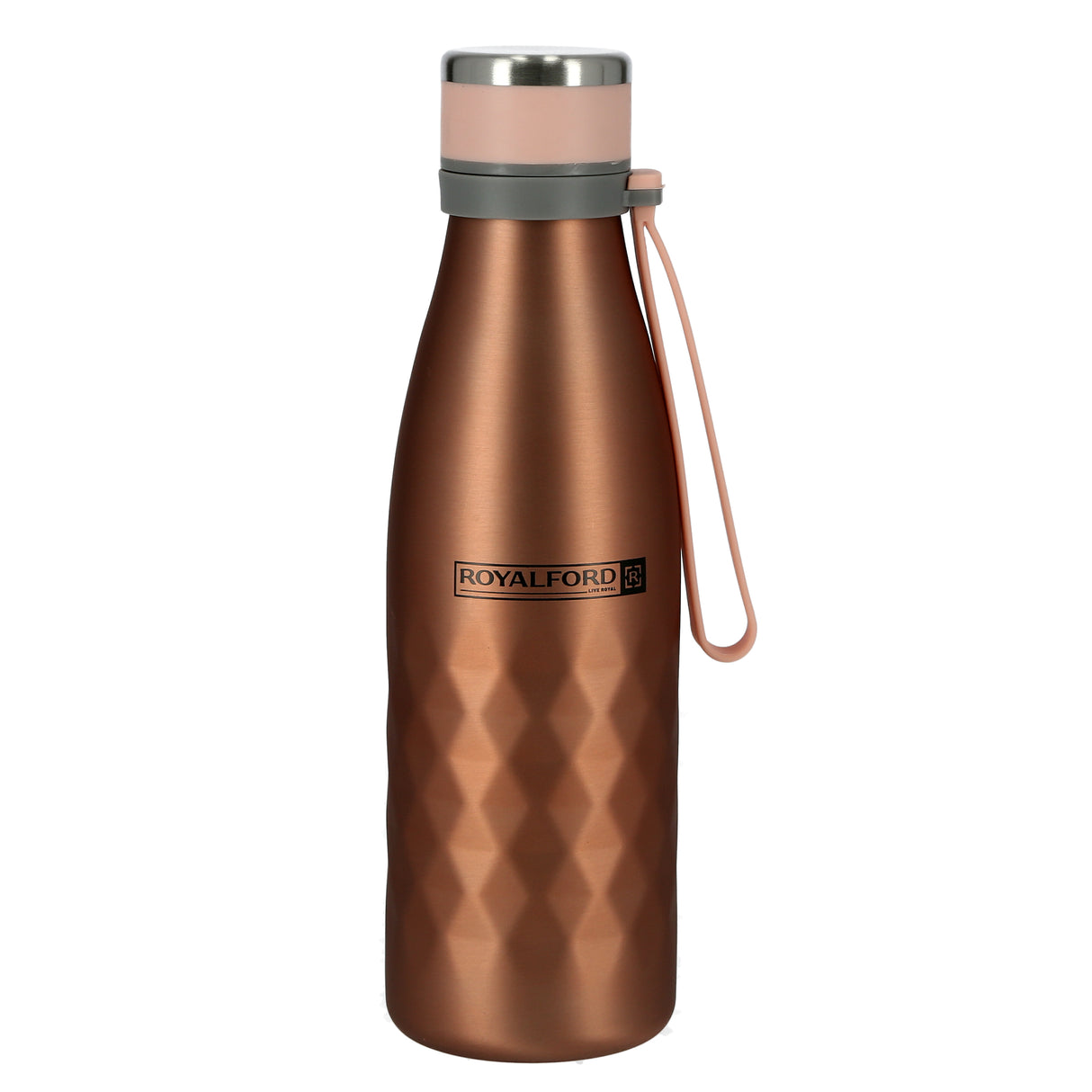 Royalford RF9671 700ml Stainless Steel Sports Water Bottle - Reusable Water Bottle Wide Mouth with Hanging Clip | Sports Bottle | Perfect while Travelling, Camping, Trekking & More | 1 Year Warranty (Rose Gold)