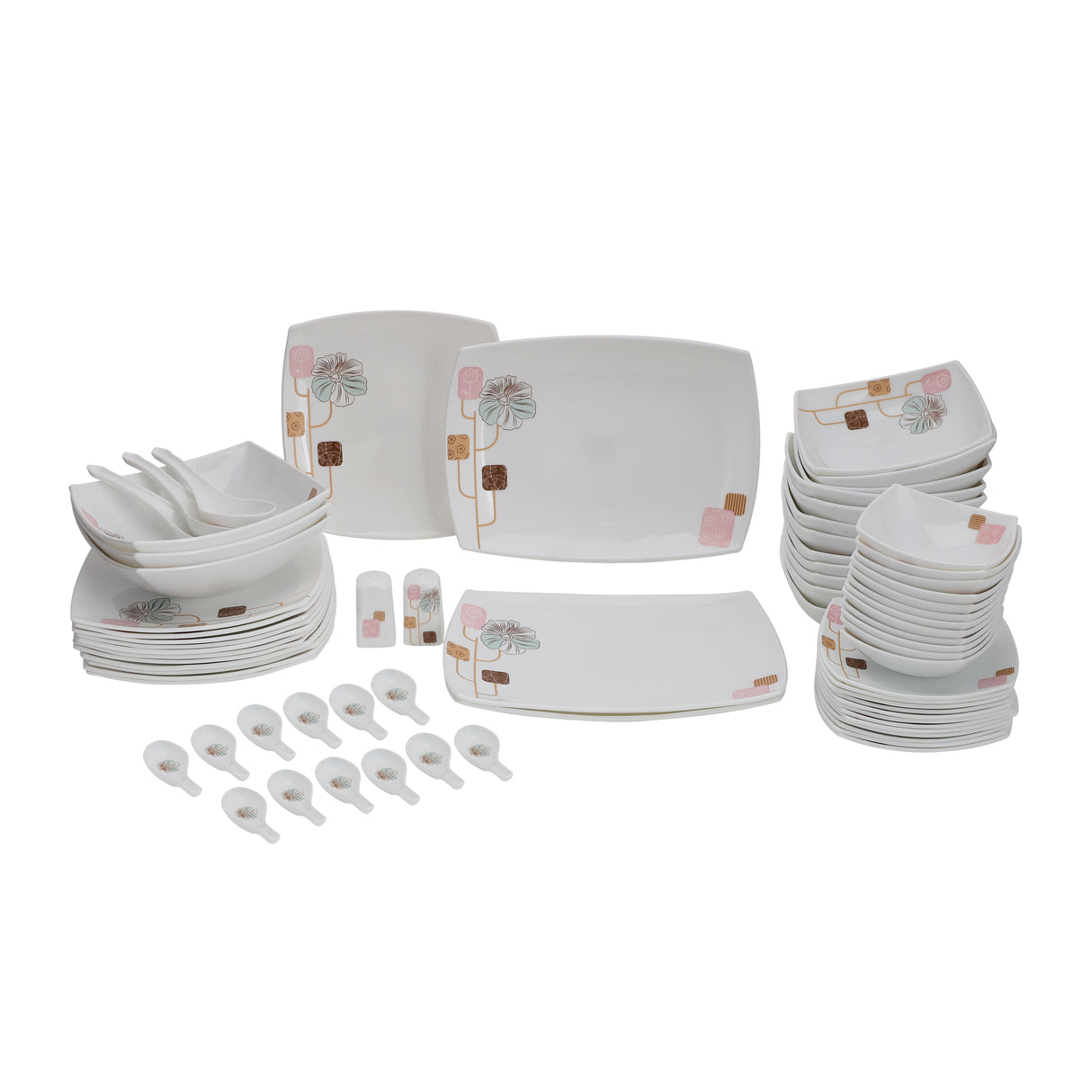 Royalford RF9758 71Pcs Opal Ware Dinner Set - Floral Design Plates, Bowls, Spoons & Salt & Pepper Set | Comfortable Handling | Ideal for Everyday Use, Family Get- Together, Restaurant, Banquet (Multi Colour)