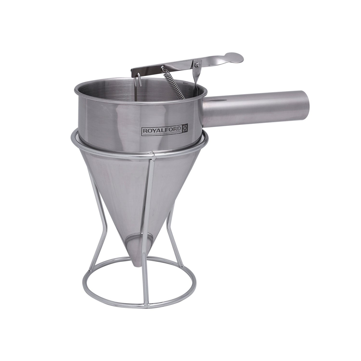Royalford RF9770 Batter Dispenser - Portable Stainless Steel Body | Pancake Dispenser 1.3L Funnel Dispenser with Rack Supplement | Fill Hollow Chocolate Bodies with Delicacies Like Liqueurs, Jellies & Creams