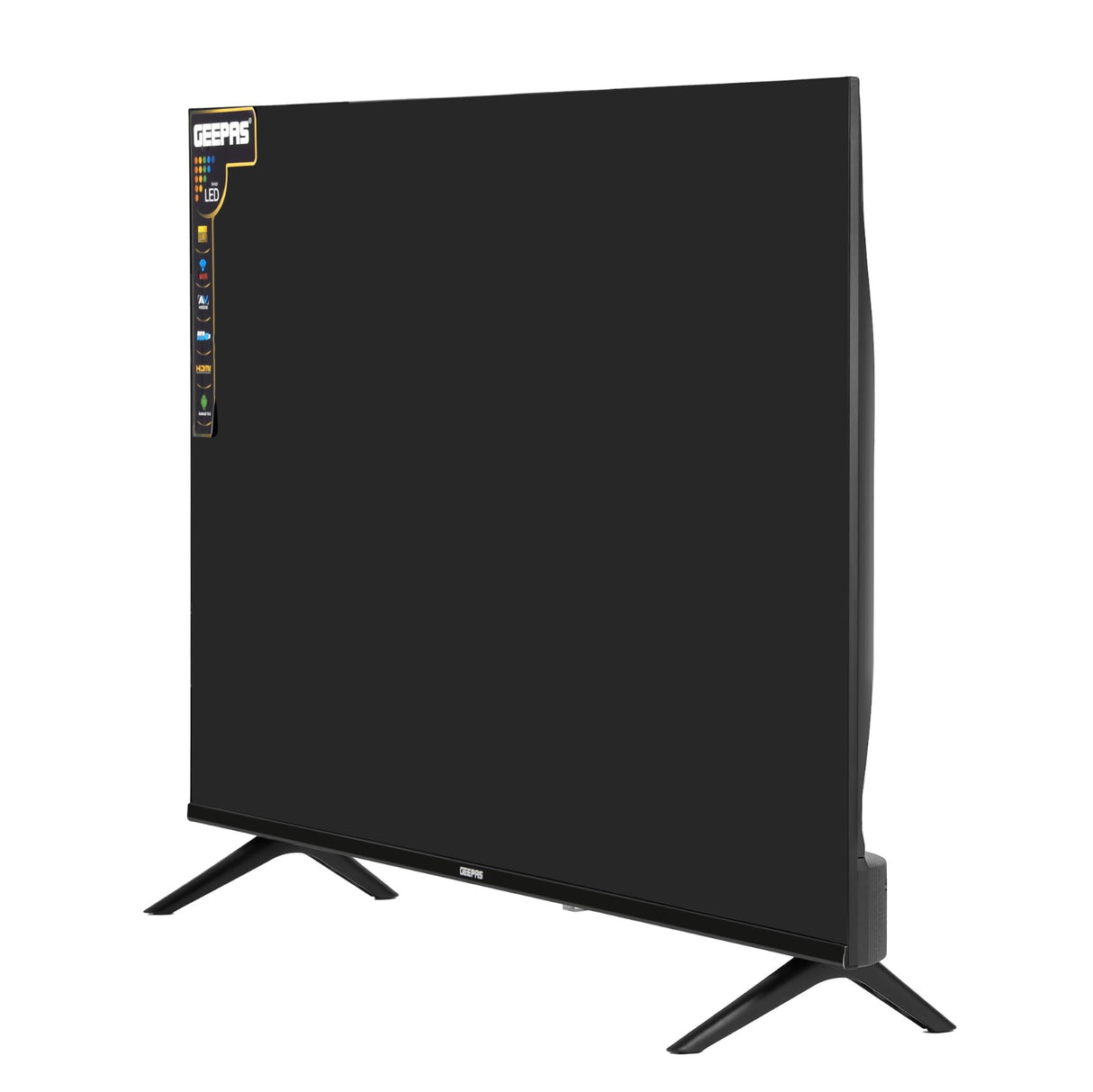 Geepas 43" Full HD Smart LED TV (GLED4324SFHD) with Android 14, HQ sound, frameless design, HDMI/USB ports, AV mode, and remote control.