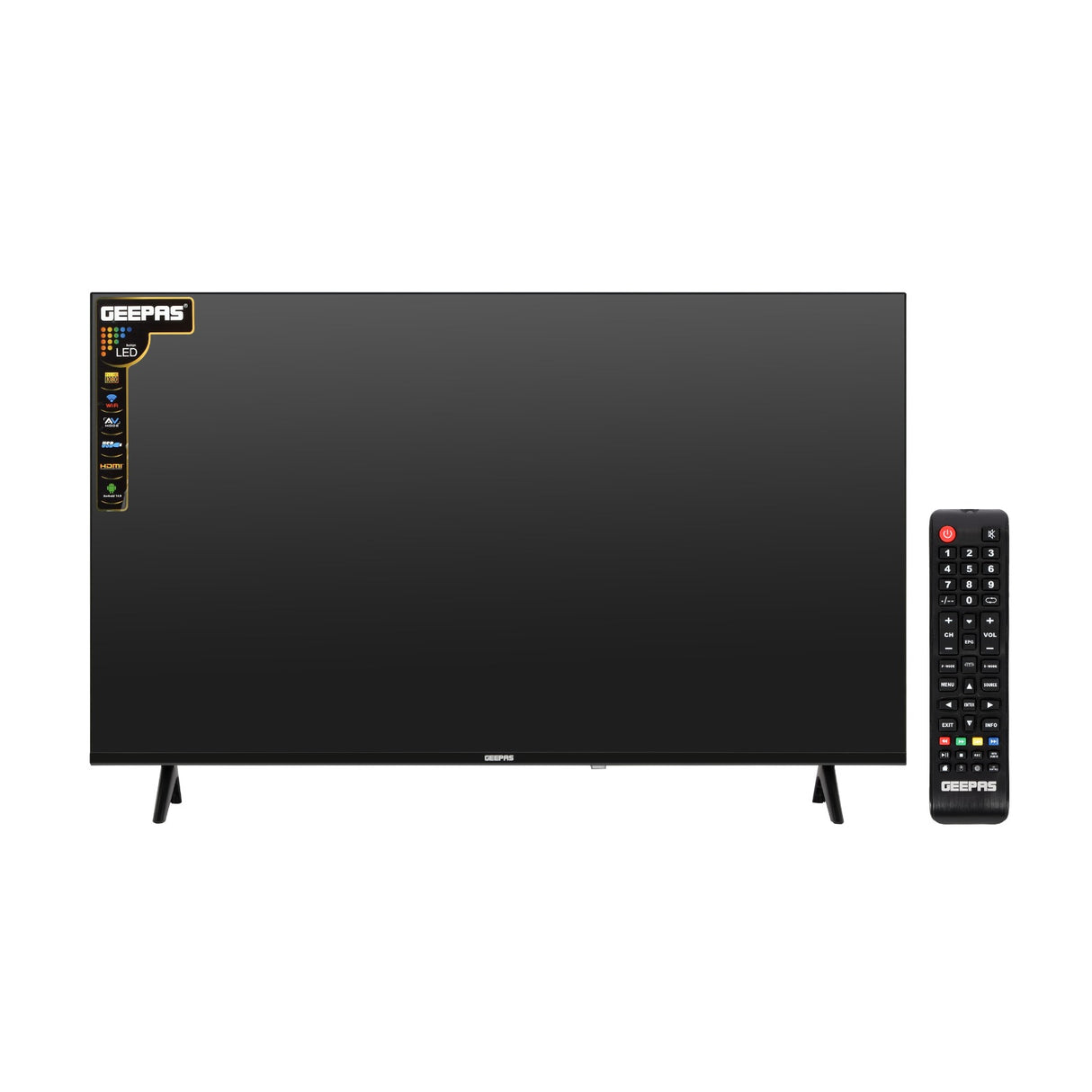 Geepas 43" Full HD Smart LED TV (GLED4324SFHD) with Android 14, HQ sound, frameless design, HDMI/USB ports, AV mode, and remote control.