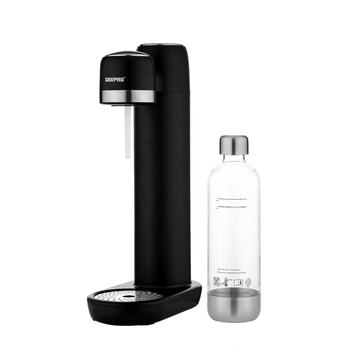 Geepas Soda Maker GSM63079UK, 900ml capacity for sparkling water, strong bubbles & fizzy drinks, auto pressure release, eco-friendly, no electricity, black, 2-year warranty