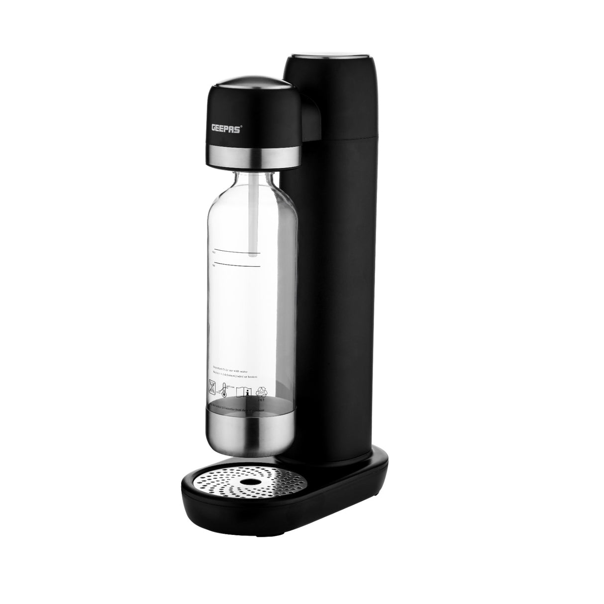 Geepas Soda Maker GSM63079UK, 900ml capacity for sparkling water, strong bubbles & fizzy drinks, auto pressure release, eco-friendly, no electricity, black, 2-year warranty