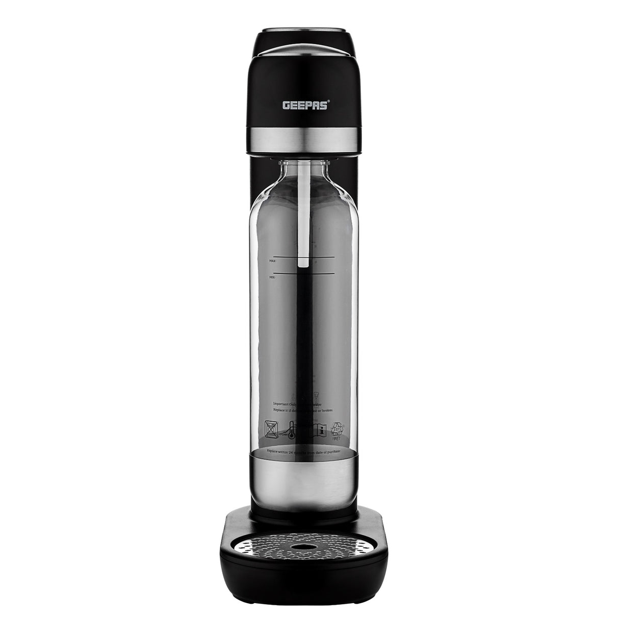 Geepas Soda Maker GSM63079UK, 900ml capacity for sparkling water, strong bubbles & fizzy drinks, auto pressure release, eco-friendly, no electricity, black, 2-year warranty