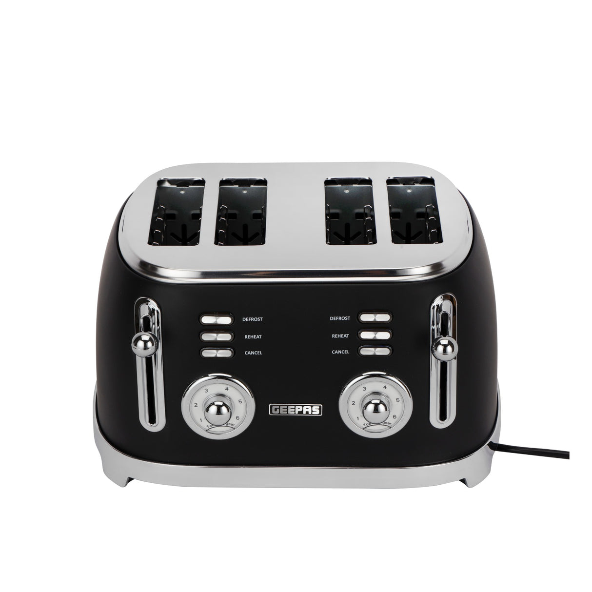 Geepas GBT36564UK-BK 4 Slice Toaster | Powerful 1500W Metal Body | 6 Browning Levels | Removable Crumb Tray | Defrost, Reheat & Cancel Functions with Cord Storage