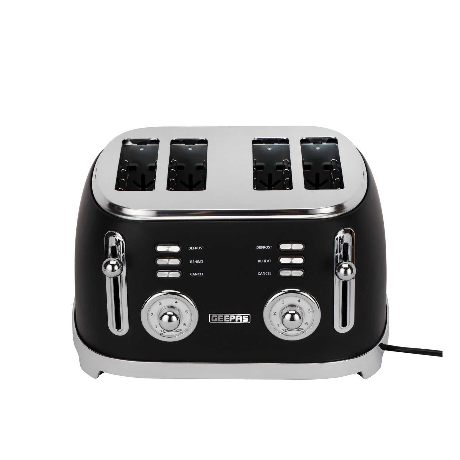 Geepas GBT36564UK-BK 4 Slice Toaster | Powerful 1500W Metal Body | 6 Browning Levels | Removable Crumb Tray | Defrost, Reheat & Cancel Functions with Cord Storage