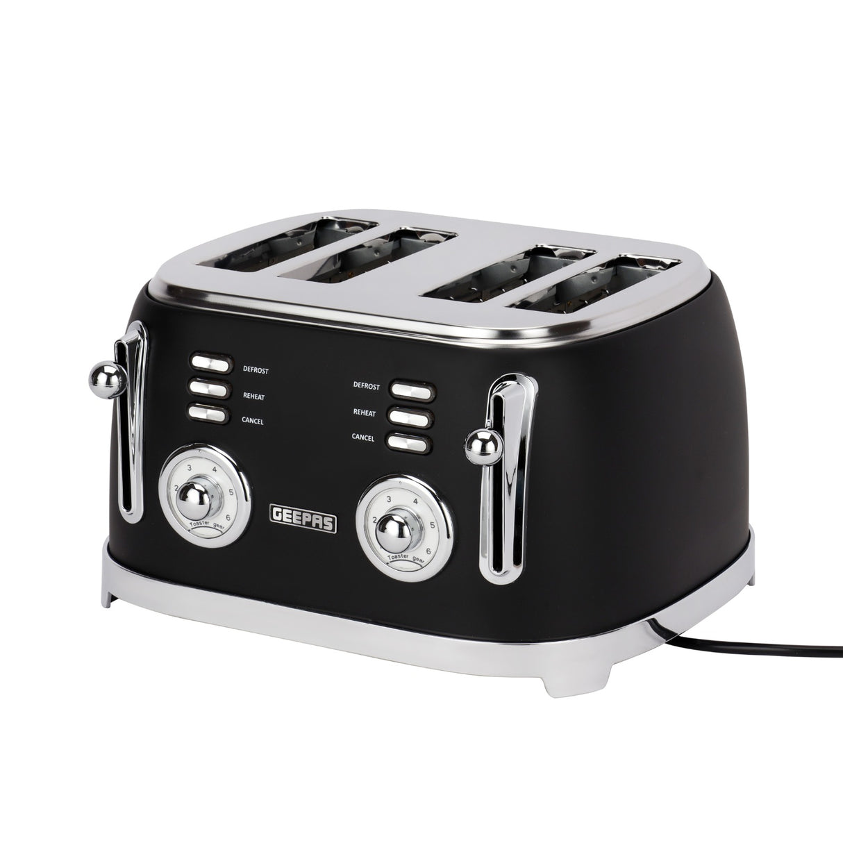Geepas GBT36564UK-BK 4 Slice Toaster | Powerful 1500W Metal Body | 6 Browning Levels | Removable Crumb Tray | Defrost, Reheat & Cancel Functions with Cord Storage