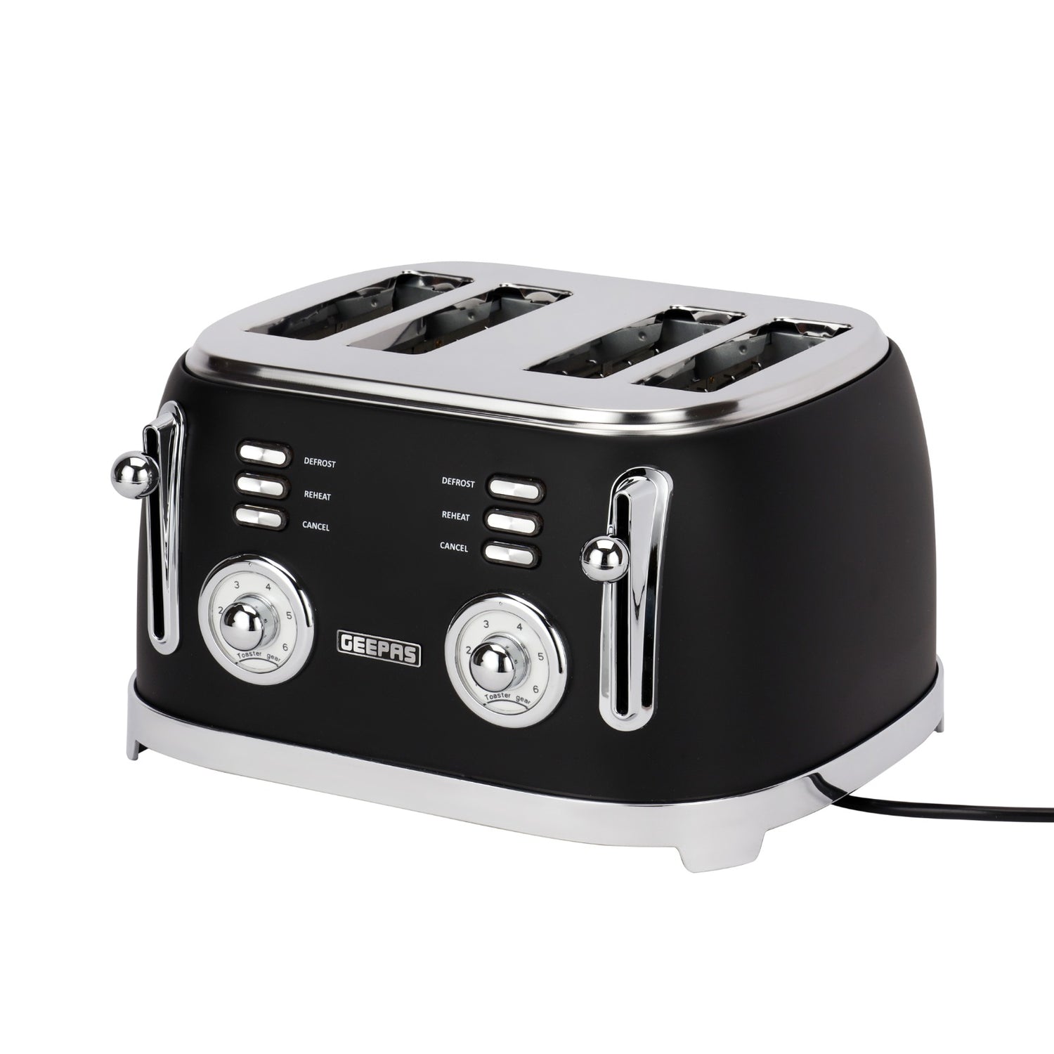 Geepas GBT36564UK-BK 4 Slice Toaster | Powerful 1500W Metal Body | 6 Browning Levels | Removable Crumb Tray | Defrost, Reheat & Cancel Functions with Cord Storage