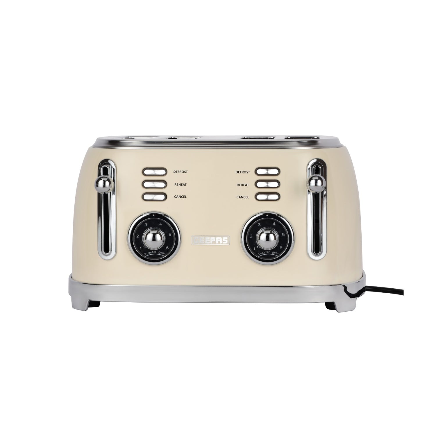 Geepas 4 Slice Toaster GBT36564UK-CR | 1500W Powerful Toaster with 6 Adjustable Browning Levels, Defrost, Reheat & Cancel Functions, Removable Crumb Tray, Cord Storage