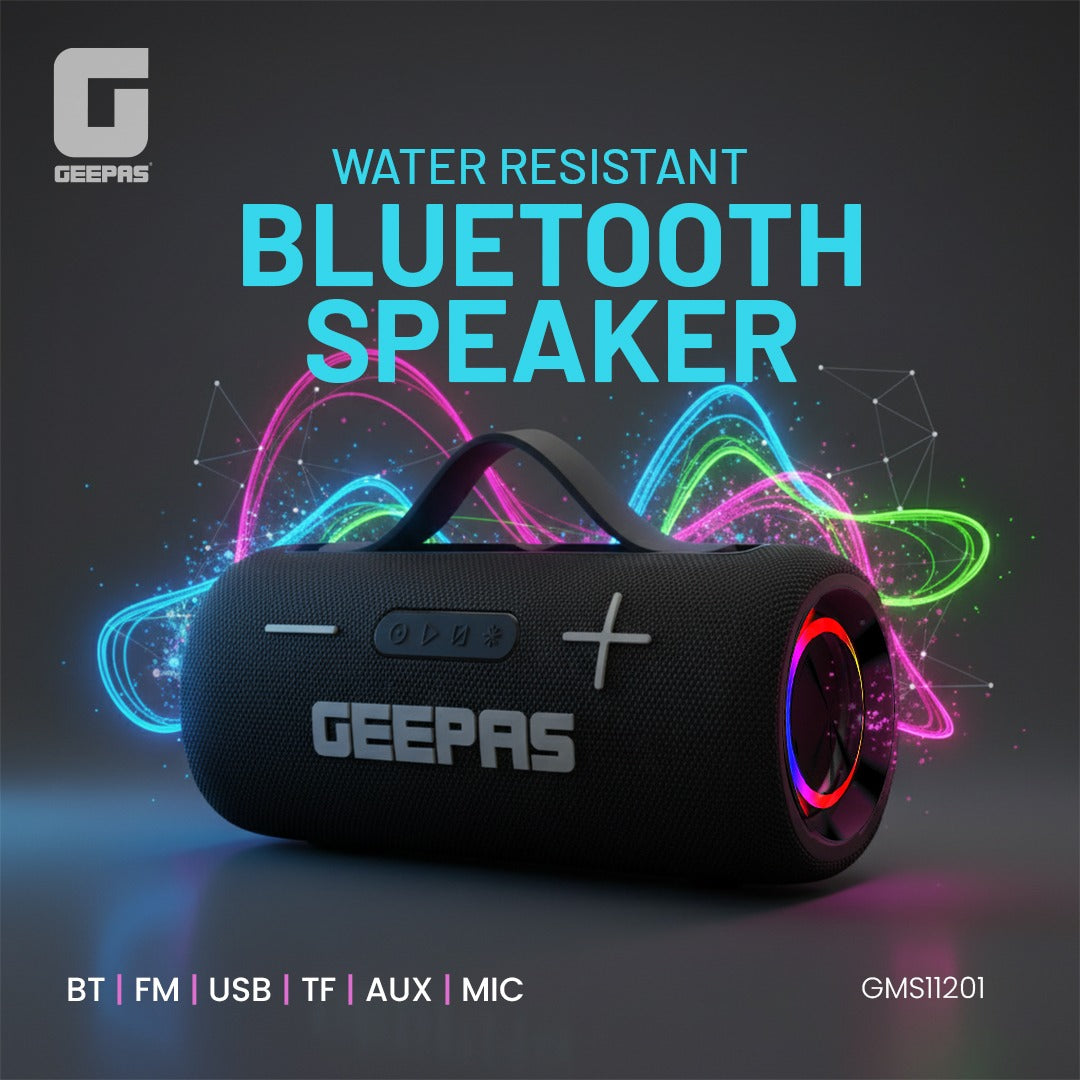 Geepas GMS11201 Water Resistant Bluetooth Speaker | Portable Wireless Design with Long Battery Life, 10m Bluetooth Range, Powerful Sound, Built-in Mic & Easy Connectivity