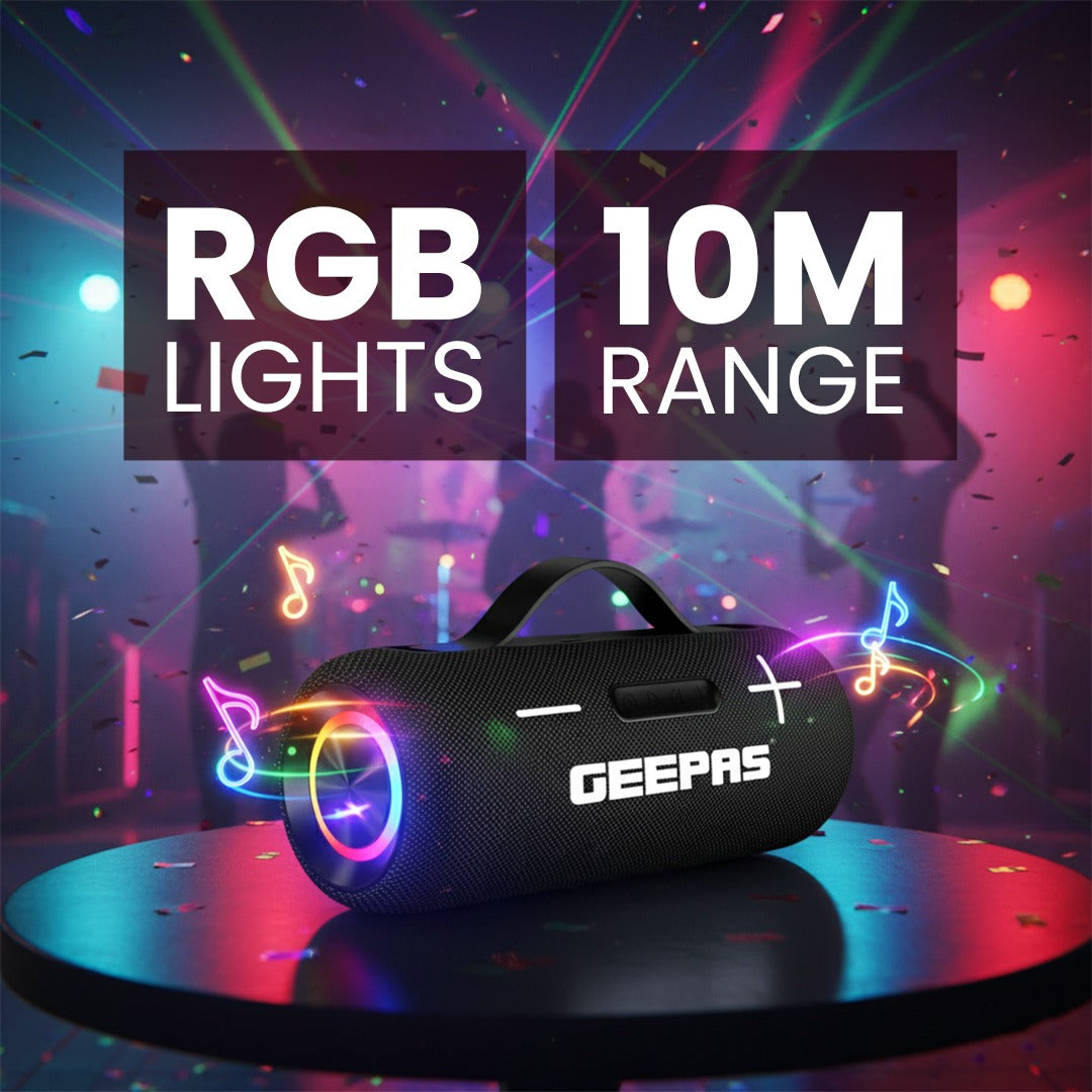 Geepas GMS11201 Water Resistant Bluetooth Speaker | Portable Wireless Design with Long Battery Life, 10m Bluetooth Range, Powerful Sound, Built-in Mic & Easy Connectivity