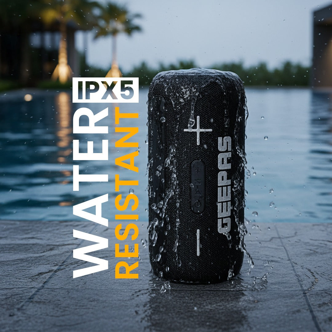 Geepas GMS11201 Water Resistant Bluetooth Speaker | Portable Wireless Design with Long Battery Life, 10m Bluetooth Range, Powerful Sound, Built-in Mic & Easy Connectivity