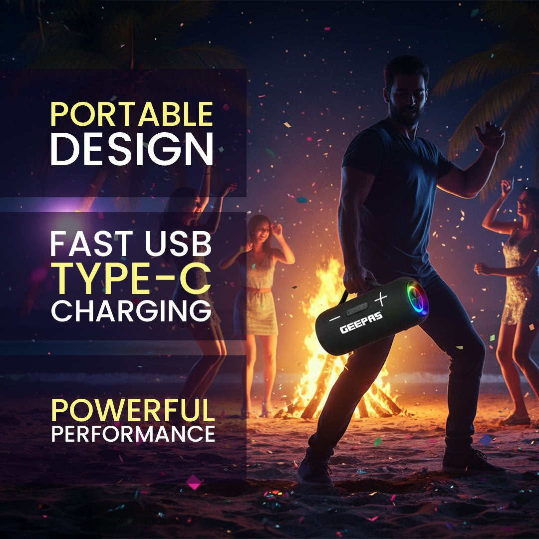Geepas GMS11201 Water Resistant Bluetooth Speaker | Portable Wireless Design with Long Battery Life, 10m Bluetooth Range, Powerful Sound, Built-in Mic & Easy Connectivity