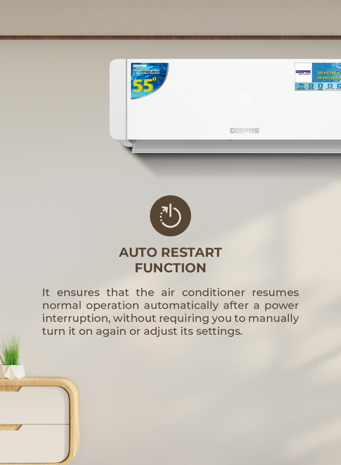 Geepas 1.5 Ton Smart Split Air Conditioner GACS1825CUE | 18500 BTU Cooling | Wi-Fi Control| LED Display| 4D Air Flow| Golden Fin| Self-Cleaning|  & 5-Year Warranty