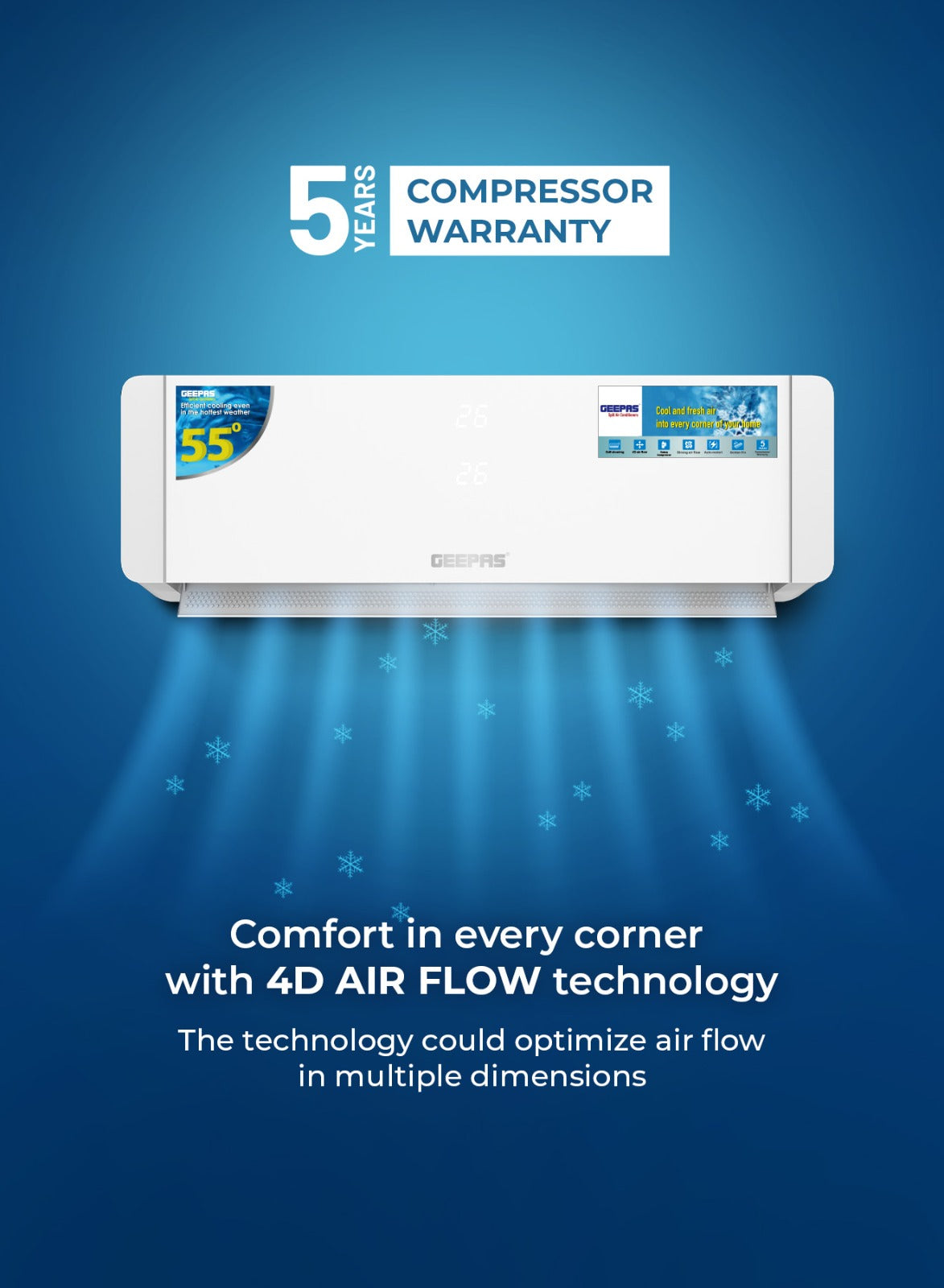 Geepas 1.5 Ton Smart Split Air Conditioner GACS1825CUE | 18500 BTU Cooling | Wi-Fi Control| LED Display| 4D Air Flow| Golden Fin| Self-Cleaning|  & 5-Year Warranty