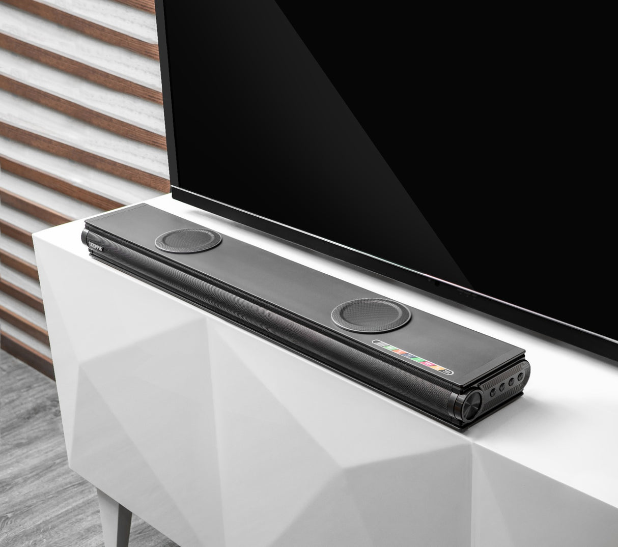 Geepas Portable Sound Bar System, & 3D DSP, GMS11152 | USB/ AUX/ Bluetooth/ HDMI | 2.2CH Portable Sound Bar System, Connect to TV, Mobile, Laptop & More