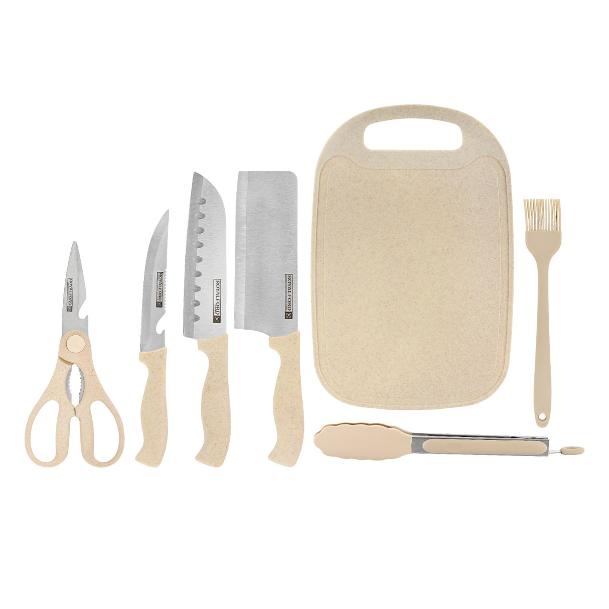 Royalford 6-Piece Kitchen Tools Set with Cutting Board- RF12471/ Pack of 6, Includes Paring, Chef, Cleaver Knife, Chopping Boards, Silicone Food Tong, Oil Brush