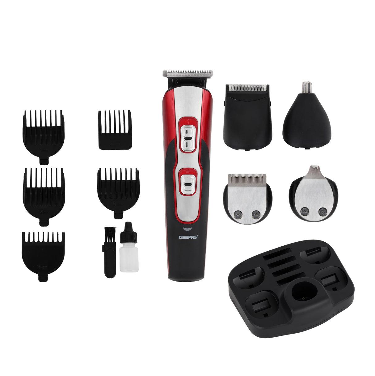 Geepas 11-in-1 Rechargeable Grooming Set- GTR8724/ with 5 Interchangeable Heads and 4 Comb Attachments, Stainless Steel Blades, Perfect for Home and Professional Styling