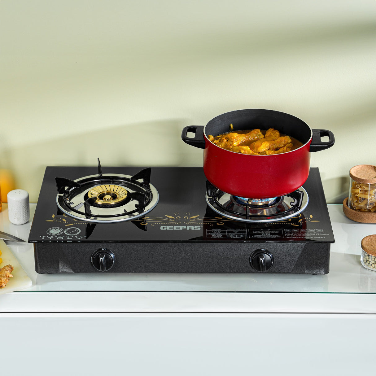 Geepas GK4280 Gas Cooker | 2 Burner Brass Stove with Tempered Glass Panel | Auto Ignition | Stainless Steel Body | 60% Gas Saving | Stylish Design | 2 Years Warranty
