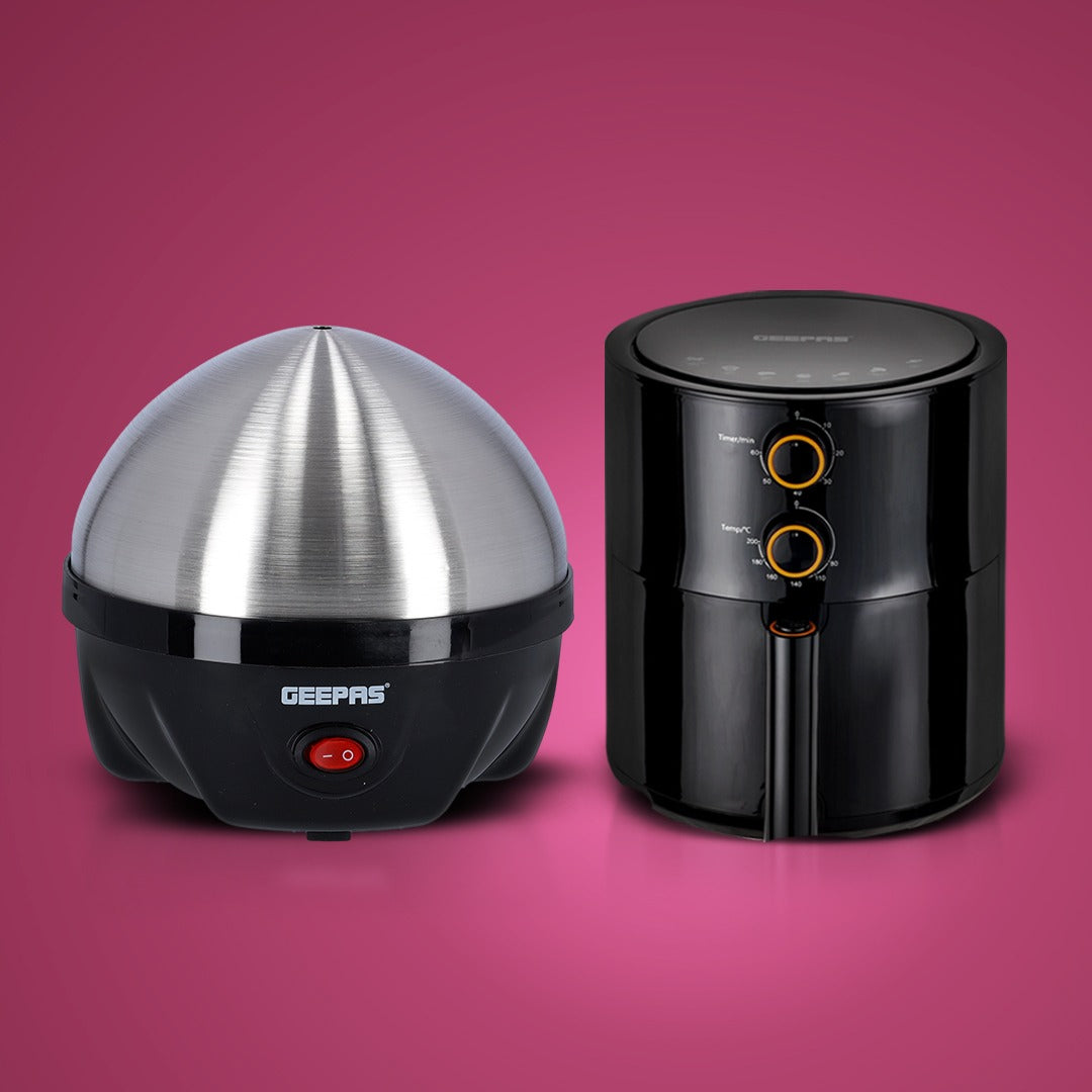 Geepas Home Essential Combo: Geepas Quick & Healthy Meals Combo: 4L Vortex Air Fryer & 7-Egg Electric Boiler Set