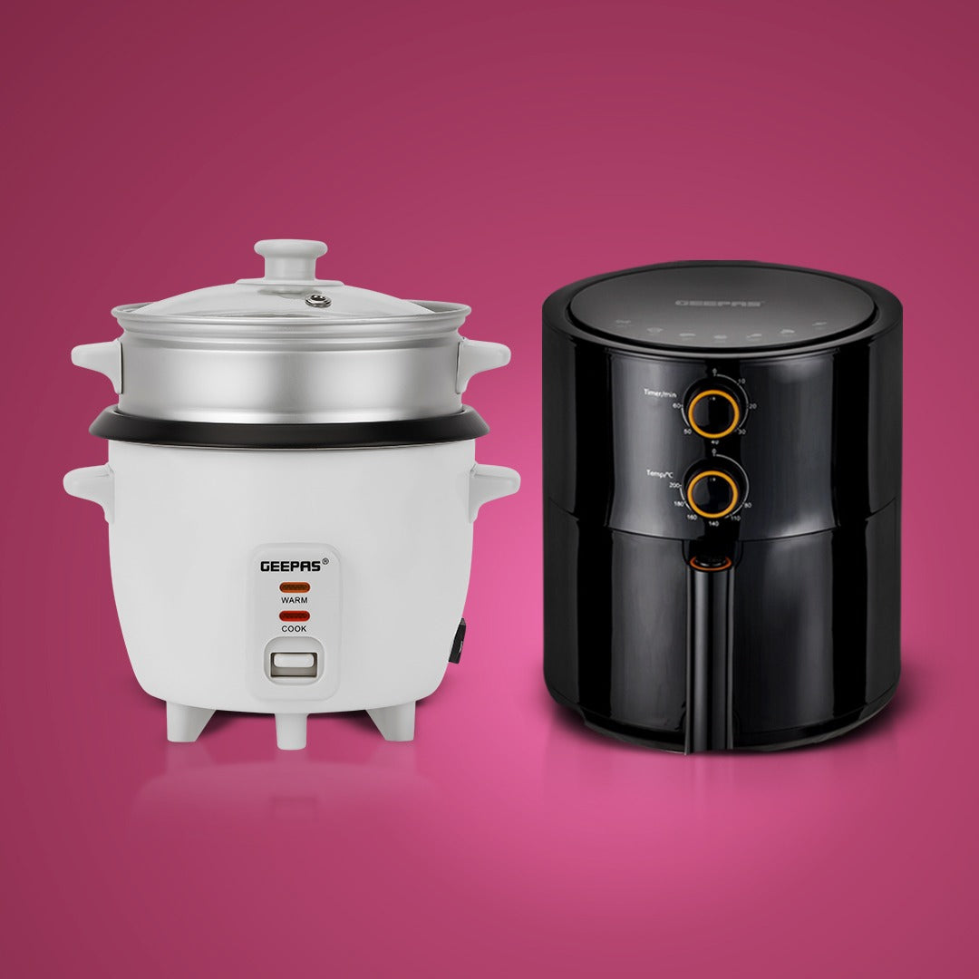 Geepas Home Essentials Combo: Geepas 4 liter air fryer and Geepas 0.6 Liter Rice Cooker