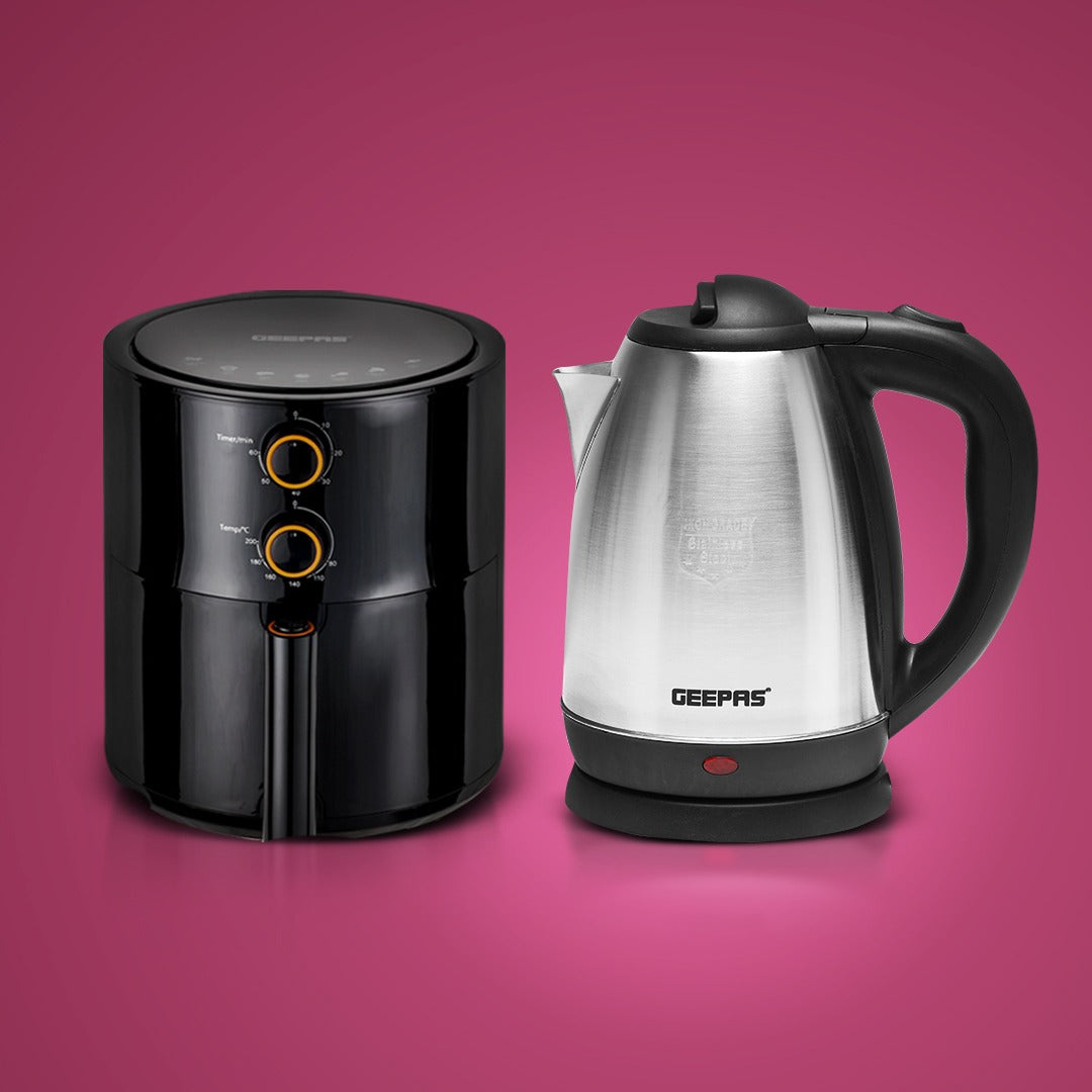 Geepas home Essential Combo: Geepas Kitchen Power Duo Combo: 4L Vortex Air Fryer & 1.8L Stainless Steel Kettle Set