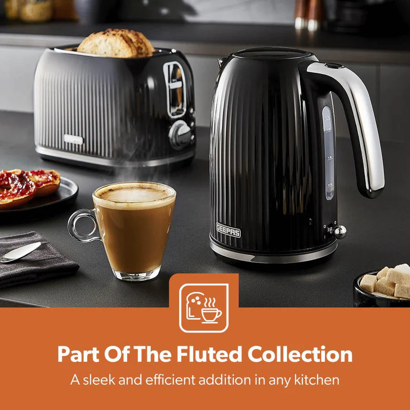 Geepas 1.7L Fluted Black Jug Kettle GK38068UK-BK |  3000W Rapid Boil | 360° Cordless Base | Auto Shut-Off & Boil-Dry Protection | Elegant Design | 2 Years Warranty